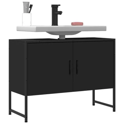 A black bathroom vanity cabinet with a white sink and faucet on top, set against a white background.