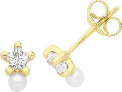 Produktbild von Schöne 9 Karat (375) Gold Stern Damen - Paar Ohrstecker mit Zirkonia, Süßwasser-Zuchtperle - 7mm*5mm; TRS36162