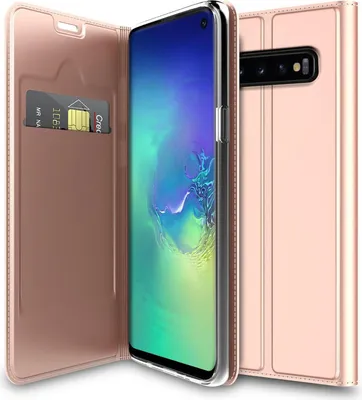A rose gold flip case for a Samsung Galaxy S10e is shown open, revealing the phone and a card slot.