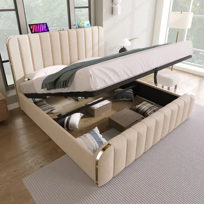 Image de MODFU Lit coffre 140x200 cm - Lit double hydraulique avec tête de lit LED et rangement - Lin - Sans Matelas - Beige