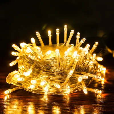 Obrázek produktu pro LED světelný řetěz Eikuavons, délka 100 metrů, 500 LED diod, 8 režimů s paměťovou funkcí, vhodný pro Vánoce, oslavy, zahradu. Efekt třpytivých hvězd, dekorativní, transparentní kabel, teplá bílá barva