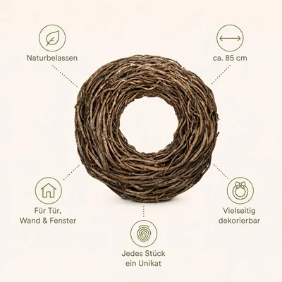 Produktbild von Lianenkranz Natur 38 48 65 85 cm Türkranz Wandkranz Tischkranz DIY Dekokranz, Größe:Ø 85 cm
