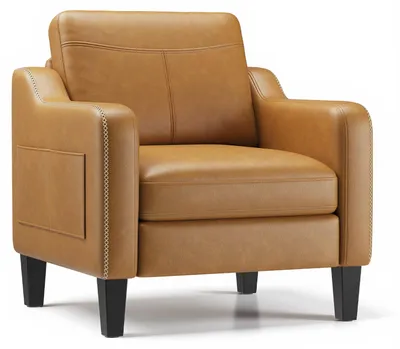 Zdjęcie produktu dla COLAMY Nowoczesny fotel pomocniczy zpoliuretan w stylu mid-century z bocznym schowkiem, zapewniający ergonomiczny komfort w salonie i biurze, kolor żółto-brązowy