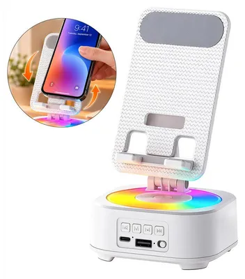 Produktbild von RGB Bluetooth Lautsprecher mit Smartphone Halter, 3-in-1 Tischlautsprecher mit USB-Musikwiedergabe, verstellbarem Doppelgelenk und 1800 mAh Akku