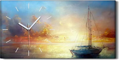 Produktbild von Leinwand Wanduhr Wandkunst Uhr Geräuschlos 60x30 Segelboot Sonnenuntergang Meer - weiße Hände