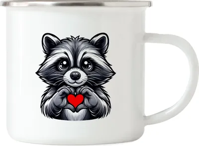 Produktbild von Süßer Waschbär Herzformende Pfoten Emaille Tasse Wertschätzung Liebe Motiv