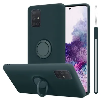 A dark green phone case with a ring holder is shown from multiple angles against a white background.