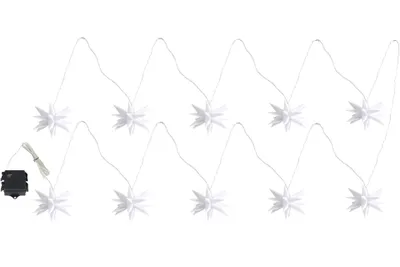 A string of white star-shaped lights with a battery pack.