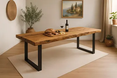 Produktbild von Esstisch Baumkante 300 x 100 cm Teakholz massiv U-Gestell schwarz KINAN
