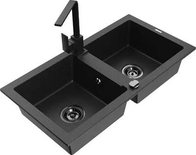 Produktbild von Mexen Mario 2-Becken-Granitspüle mit Mischbatterie Rita, Schwarz/Silbermetallic - 6504-73-670300-70-B
