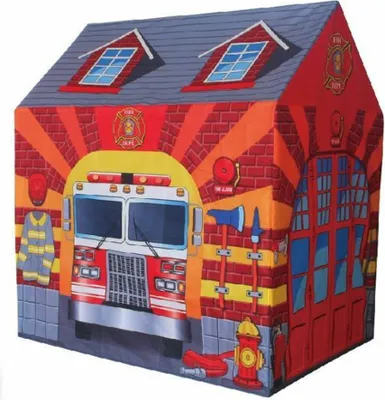 A colorful children's play tent designed to look like a fire station.