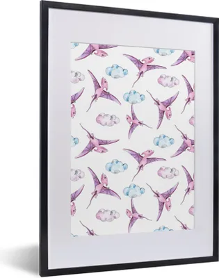 Produktbild von MuchoWow® Gerahmtes Poster Dinosaurier - Muster - Kinderzimmer - Mädchen - Kinder - Rosa - Kinder 30x40 cm - Poster mit Schwarzem Bilderrahmen Wandposter Rahmen Foto Bilder - Wandposter Schlafzimmer