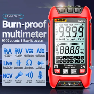 Obrázok produktu pre ANENG SZ02 Inteligentný digitálny multimeter Automatický rozsah 9999 počtov NCV Univerzálny merač Ručný multifunkčný tester Voltmeter Ampérmeter s podsvietením Baterka AC/DC Napätie a prúd Odolnosť Kapacita Frekvencia Meranie teploty