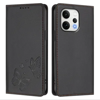 Image de Étui en cuir pour Vivo V70 5G, étui de protection type portefeuille en cuir gaufré « papillon » avec support, noir