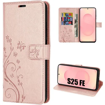 Image de Coque pour Samsung Galaxy S25 FE, Rabat Anti-Rayures Antichoc Synthécuir Relief Floral Artistique - Rose