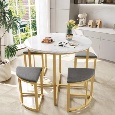 Immagine prodotto di Set da pranzo con tavolo e sedie rivestite in velluto, con struttura in ferro dorato