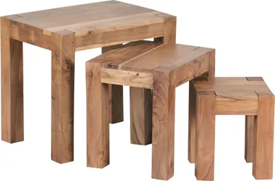 Produktbild von 3er Set MUMBAI Satztisch Massiv-Holz Akazie Wohnzimmer-Tisch Landhaus-Stil Beistelltisch dunkel-braun Naturholz