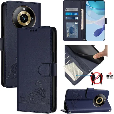 Produktbild von Leder Hülle für Realme 11 Pro/Realme 11 Pro+ Süße Katze Flip Case Brieftasche Schutzhülle mit Standfunktion Blau