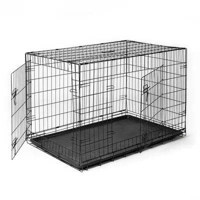 A black wire dog crate with one door open, shown on a white background.
