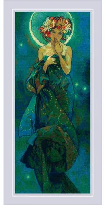 Imagen del producto de Kit de bordado Riolis, punto de cruz, "La luna para A. Mucha", tela Aida 14 ct, patrón con esquema, 20x48 cm