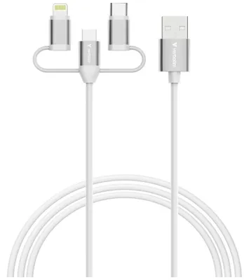 Produktbild von Verbatim 32394, 1 m, USB A, 2 x USB C/Micro USB-B/Lightning, USB 2.0, 0,48 Gbit/s, Weiß