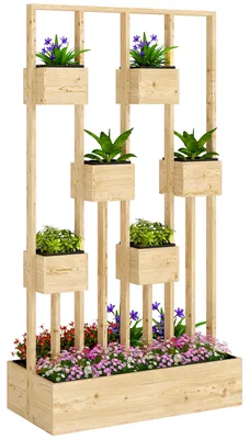 Produktbild von Outsunny Hochbeet mit Rankgitter Körbe, Holz Pflanzkasten Pflanzkübel Naturholz