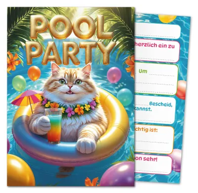 12 Einladungskarten Kindergeburtstag Schwimmbad Katze