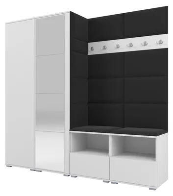 Produktbild von Garderobe NELA VI 200 cm Kompaktgarderobe Weiß mit Spiegel & Sitzpolster Schwarz 16 (Schrank & Paneel)