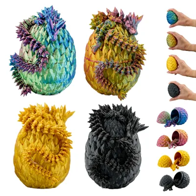 A collage of 3D printed dragon eggs, some whole and some opened to reveal a dragon inside. The eggs are shown in various colors and some are held by hands.