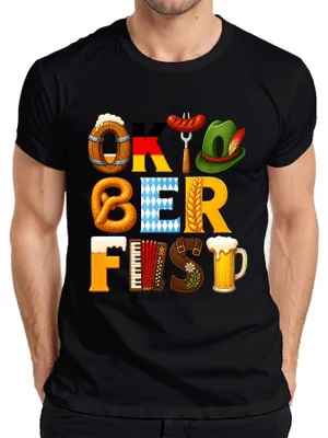 Productafbeelding van , bier, Beieren, pretzel, lederhosen, Wiesn, dirndl, München, heren T-shirt, zwart, maat L
