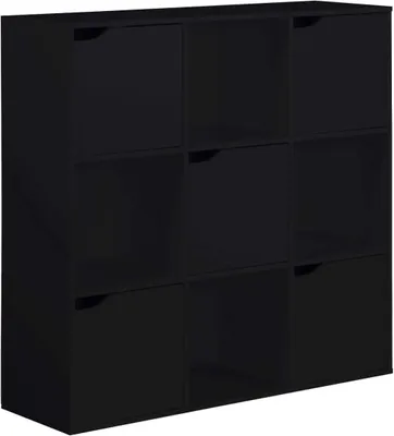 A black, modern, modular shelving unit with nine compartments.