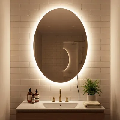 Immagine prodotto di Specchio da bagno ovale COSTWAY, specchio con illuminazione, specchio da parete con antiappannamento, 3 colori di luce dimmerabili e funzione di memoria, bagno 70 x 50 x 3 cm