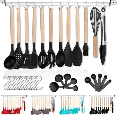 Produktbild von Famanu Silikon Küchenutensilien-Set, 38-teilig, mit Holzgriff, schwarz