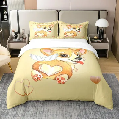 Zdjęcie produktu dla Komplet pościeli bawełnianej z motywem corgi, wymiary: 135x200 cm, 1 poszewka na poduszkę 80x80 cm