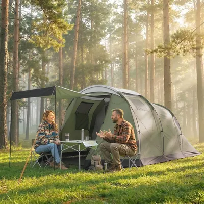 Produktbild von Campingzelt 3-4 Personen mit Schlafkabine, Familienzelt Vorraum Wohnbereich, Polyester Fiberglas, Grün | 460 x 260 x 190 cm | 3000 mm | 8,4 kg