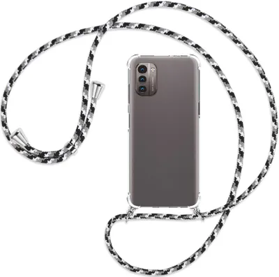 Produktbild von Handykette Backcover-Schutzhülle mit Band (Metall silberfarben) für Nokia G11 / G21 - schwarz/grau/weiß
