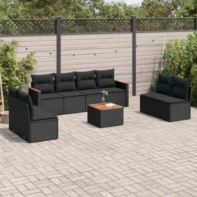 Produktbild von Design 9-tlg. Garten-Sofagarnitur mit Kissen Schwarz Poly Rattan, Gartenmöbel-Sets 2024 Neu