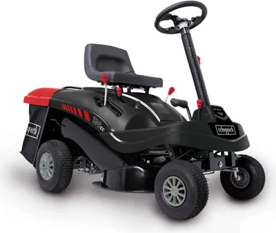 A black and red ride-on lawnmower is shown against a white background.