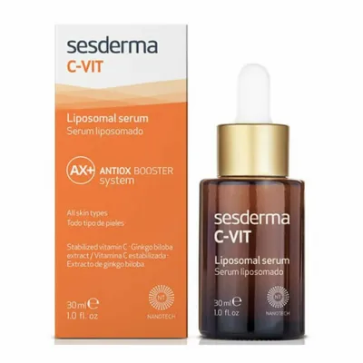 A product shot of a Sesderma C-Vit Liposomal Serum bottle and its packaging.