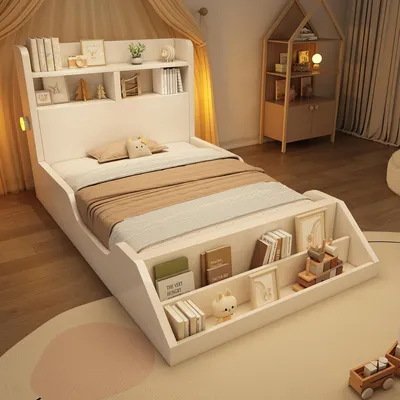Produktbild von Flieks Kinderbett 90x200cm mit Ablagen und abnehmbarem Ablagefach, Jugendbett Einzelbett mit Nachtlichtern, Holzbett Klassisches Bett, Weiß
