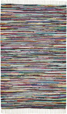 Bunter Baumwollteppich mit weißen Fransen, handgewebt in der Größe 50 x 80 cm. 
