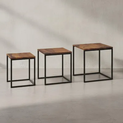 Produktbild von Satztisch 3er Set Sheesham Massivholz / Metall Beistelltisch Eckig Modern, Design Couchtisch 3-teilig, Wohnzimmertisch Platzsparend, Holztisch Kaffeetisch Wohnzimmer