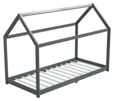 Produktbild von HAGO24 Kinderbett 90x200cm Grau Kinderhaus Bett Kiefernholz Hausoptik Dach Bodentiefer Einstieg Montessori Lattenrost Spielbett