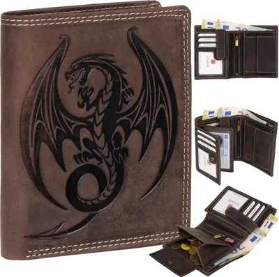 Produktbild von RFID Büffel Echt Leder Geldbörse Portemonnaie Herren mit geprägtem Motiv  Braun Hochformat Drache