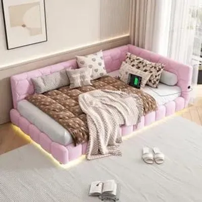 Zdjęcie produktu dla Łóżko dzienne, rozkładana sofa z oświetleniem otoczenia, złącze USB, 16 kolorów, 90x200 cm, różowy