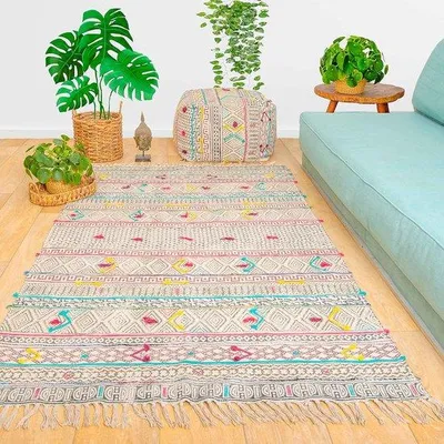 Productafbeelding van Famanu katoenen vloerkleed, boho-chic stijl - Handgestikt design met franjes