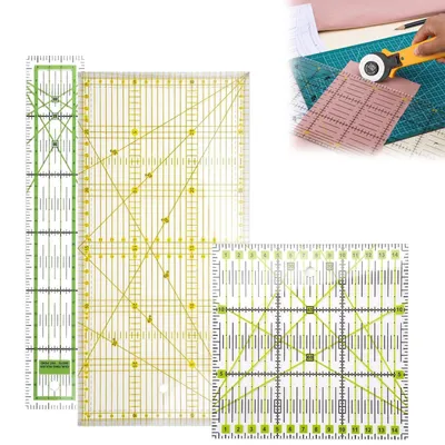 Produktbild von Quilt-Lineal-Set - 3-teilig aus Acryl mit Vorlagen und Doppelrasterlinien - Zum Stoffschneiden für Patchwork und Nähen