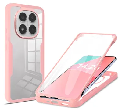 A pink and clear phone case is shown from two angles against a white background. One angle shows the back of the case with the camera cutout, and the other shows the front with a phone partially inserted.