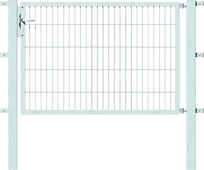 A white metal gate with a handle is shown against a white background.