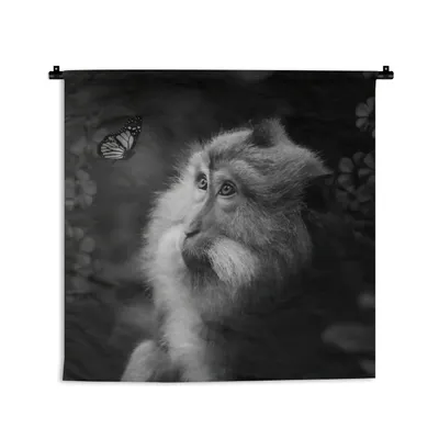 Produktbild von MuchoWow® Wandteppich Wandbehang Schmetterling - Tiere - Affe - Schwarz - Weiß 150x150 cm Tapisserie Dekoration Wandtuch - Wohnaccessoires - Modernes